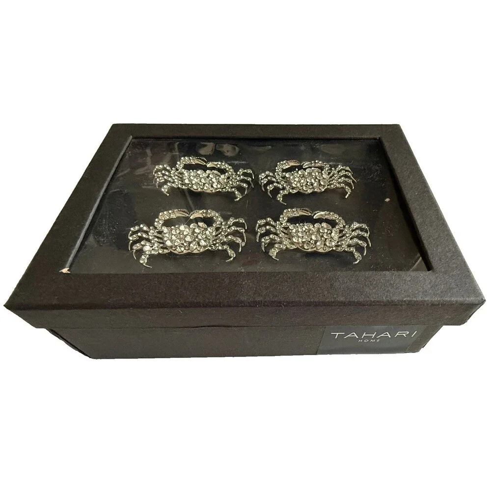 Tahari Home Rhinestone Crab Crabs Napkin Rings Set of 4 Bling Nautical Sea Life